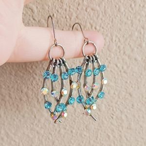 Y2K Vintage Retro Silver Blue Rhinestone Dangle Dangly Earrings Jewelry Sparkle